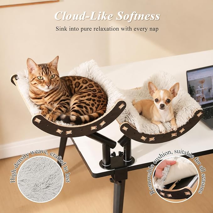 PEQULTI Desk Cat Bed for 2 Cats, 2-Tier 360° Rotating Cat Hammock, Black | Clamp-on desk-edge perch holds 50 lbs wobble-free; removable washable cushion; bunk bed for 2 cats; no-drill, furniture-safe