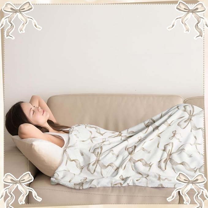 Brown Bow Throw Blanket 50"x60" Soft Flannel for Girls Women | Coquette Aesthetic Decor with Ruffled Edges, Ultra Plush Bed Sofa Blanket, Preppy Gift for Teens, Back to School Dorm Room