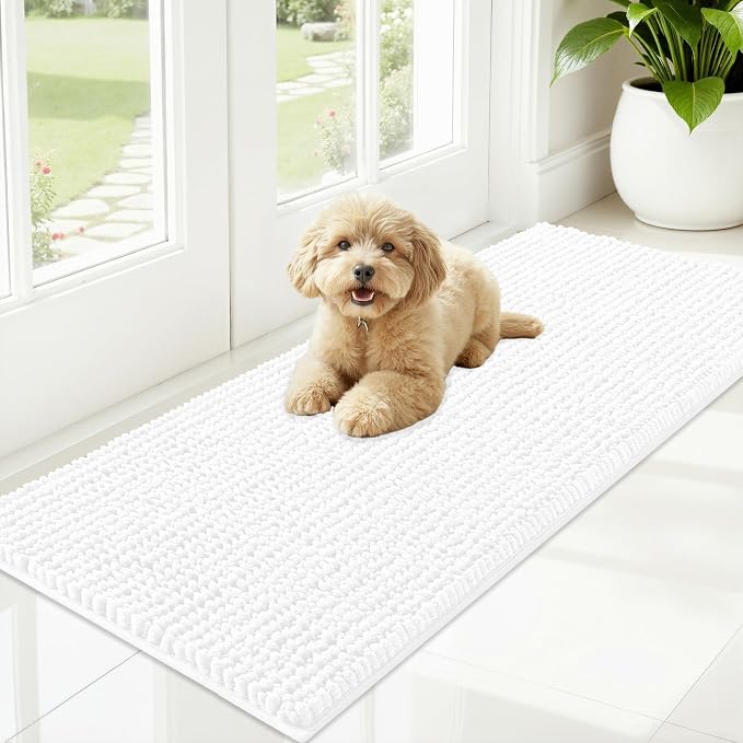 OLANLY Dog Door Mat for Muddy Paws 47x20, Extra Absorbent Chenille Mud Mat | White, Absorbs Moisture and Dirt, Non-Slip Machine Washable Doormat, Quick-Drying Indoor Entryway Floor Mat for Dogs