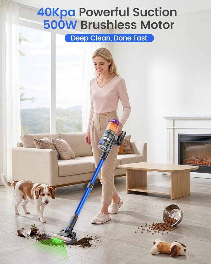 Cordless Vacuum Cleaner, 500W 40KPa 60Mins Vacuum Cleaners for Home, Anti-Tangle Rechargeable Vacuum with Green Light Wireless Vacumm for Pet Hair/Carpet/Hardwood Floor Blue