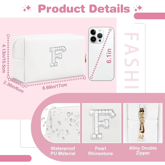 Bride Gifts – Personalized Initial Makeup Bag with Pearl Rhinestone Patch, Preppy White Monogram Cosmetic/Toiletry Pouch, bridesmaid Gifts, Bridal Shower Gifts, Wedding Gifts, Bridal Gifts,F