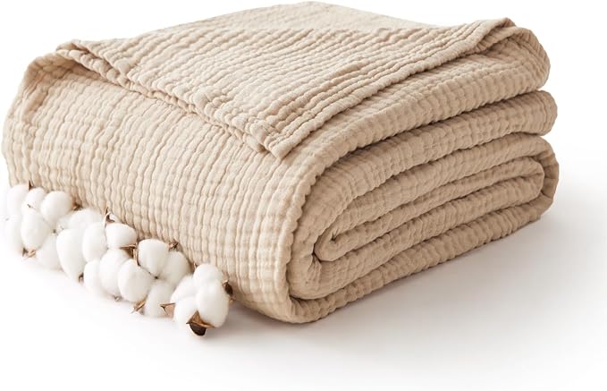 100% Cotton Muslin Blanket 40" x 40", Breathable and Lightweight Cotton Throw Blankets, Soft Cooling Summer Gauze Blanket for All Season, Beige