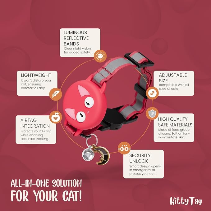 AirTag Cat Collar – Breakaway Reflective & Waterproof Collar with Built-in Holder, Adjustable with Bell for Indoor/Outdoor Cats – AirTag Not Included Red (9-12")
