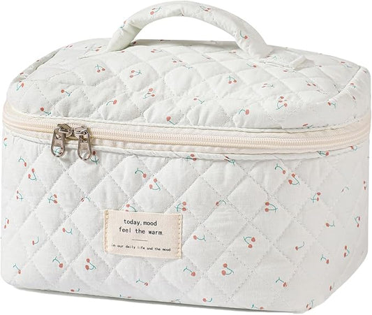 uekeboag Large Travel Quilted Makeup Bag for Women, Floral Cotton Cosmetic Bag, Coquette Aesthetic Floral Toiletry Organizer Bag