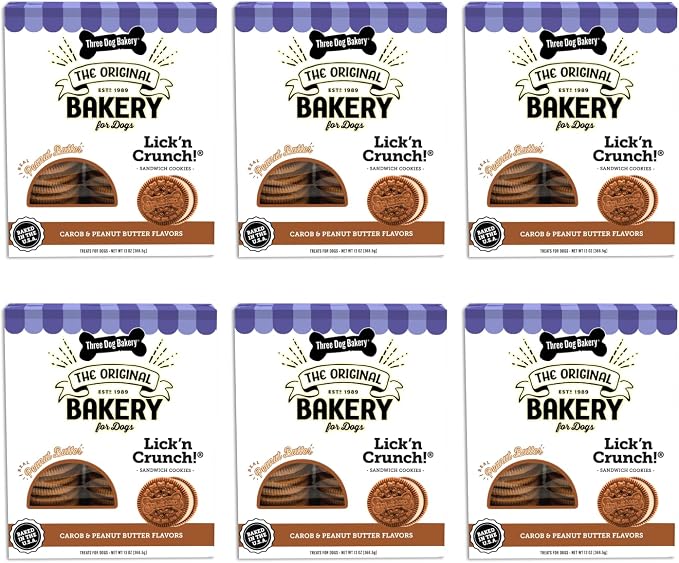 Three Dog Bakery Lick'n Crunch! Dog Treats - 13 oz - 6 Pack | Carob & Peanut Butter Sandwich Cookies - Premium Crunchy Treats- Baked in the USA