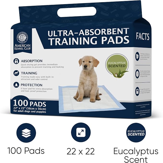 AKC Puppy Training Pads, 22" x 22", Eucalyptus Scented 100 Count