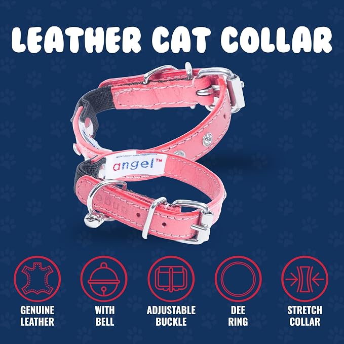 Athens Cat Collar, Leather Kitten Collar w/Rhinestones, Sturdy Breakaway Cat Collar with Bell & Elastic Stretch, Cat Accessories, Bubblegum Pink, 10 x ½ inches - Angel Pet Supplies