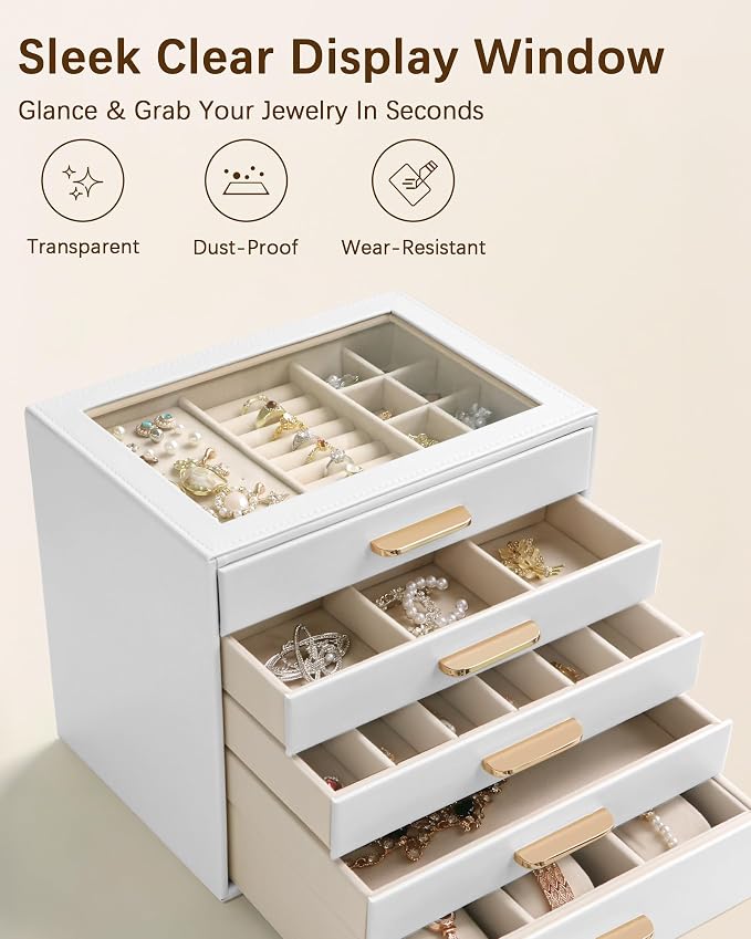 Homeanda Jewelry Boxes Organizer with Glass Lid, 5-Layer PU Leather, White | Modern style display case with 5 drawers for daily jewelry, women, mom or girl gift