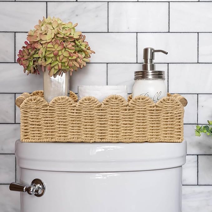 CubesLand Scalloped Toilet Paper Storage Basket W/Handle for Home Decor | Paper Rope Toilet Organizer Basket for Countertop, Over Toilet Shelf, End Table, Living Room Cozy Decorative & More, Beige