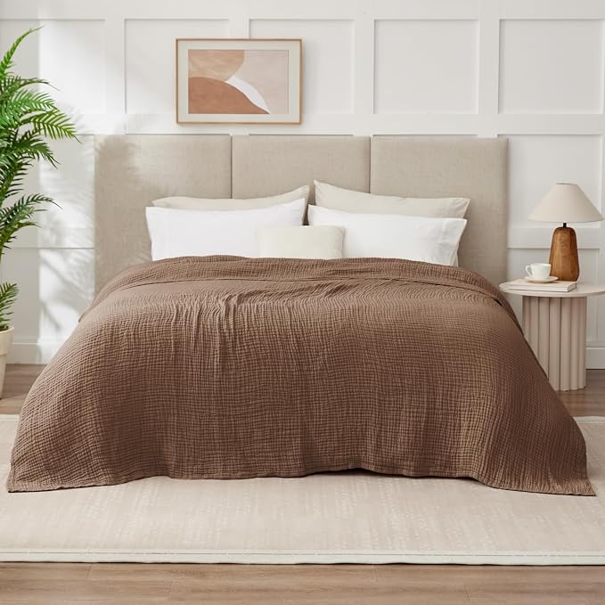 100% Cotton Muslin Blanket California King 120" x 90", 6 Layers Breathable and Lightweight Oversized Blankets for Bed, Soft Cooling Gauze Blanket for Adults All Season, Tan