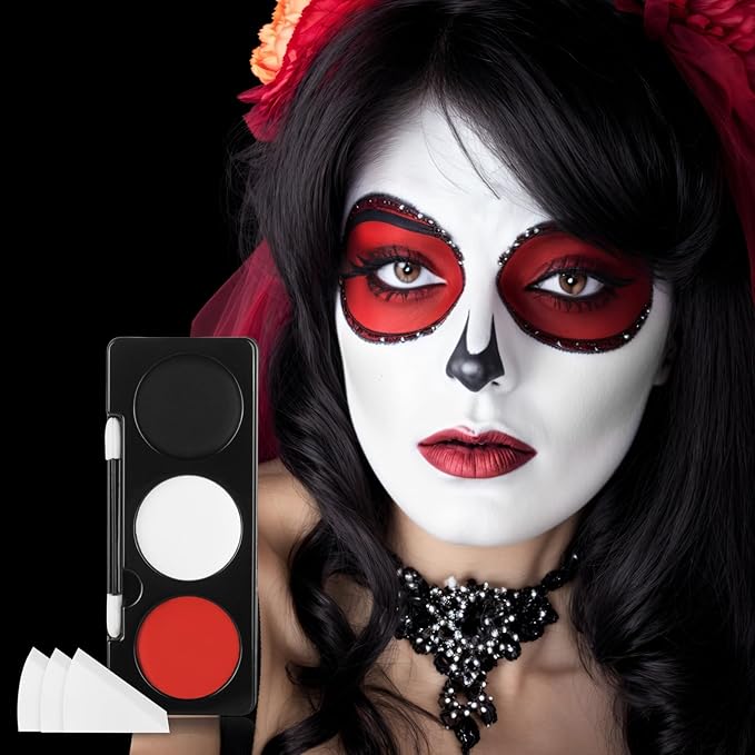 Black White Red Face Paint + 3PC Sponge + Brush,3 Colors Water-Based Red Body Paint Palette Kit for Devil Goths Joker Clown Vampire Skeleton,Halloween Cosplay SFX Makeup 21g