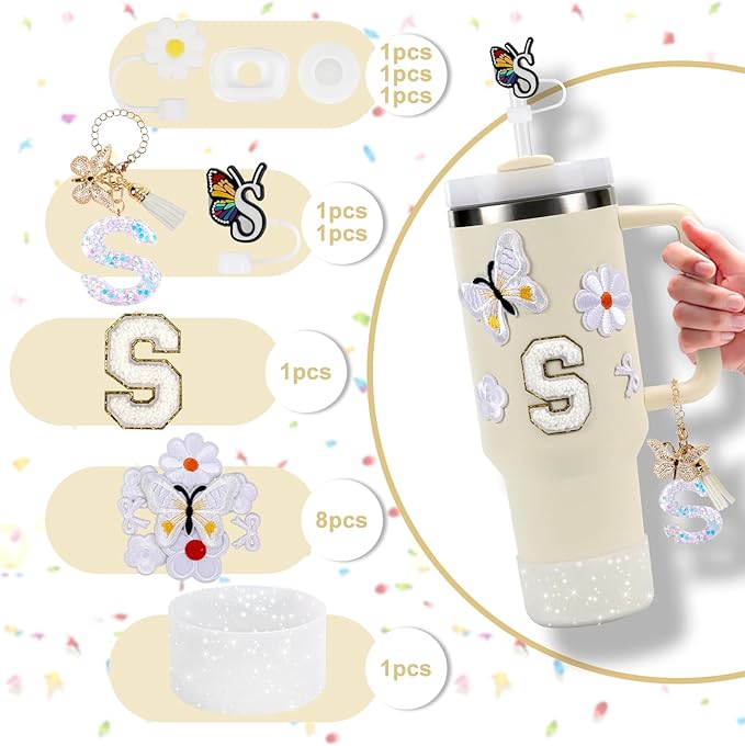 15PCS Cup Accessories Set for Stanley Cup 30oz 40oz Tumbler with Handle, Including Silicone Straw Cover and Boot, Spill Proof Stopper, Stanley Charms, Handle Charm, Initials Sticker