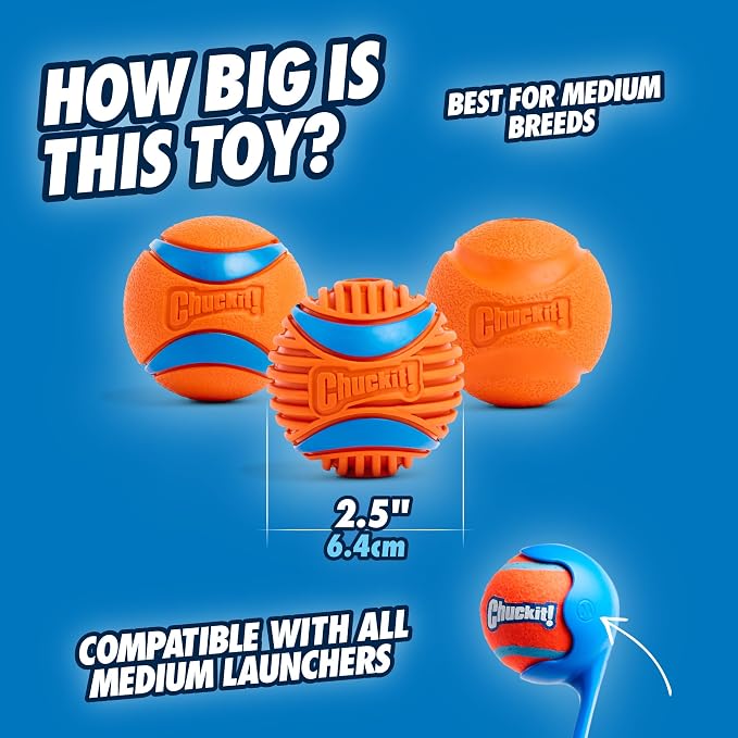 Chuckit! Dog Balls - Interactive Dog Toys, High-Bounce Fetch Ball, Floating Ultra and Rugged Balls, Durable - Size Medium, 2.5-inch Diameter, Set of 3 (Pack of 12)