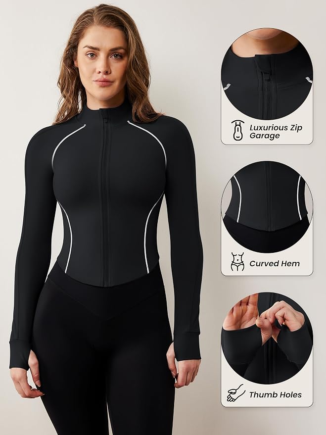 AVGO Women's Workout Jacket Lightweight Zip Up Cropped Yoga Jackets Slim Fit Athletic Tops with Thumb Holes