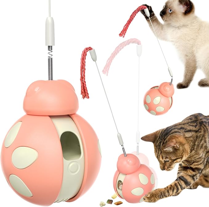 Cat Treat Dispenser Tumbler Food Toy Cats Slow Feed Ball Wand Teaser (Pink)