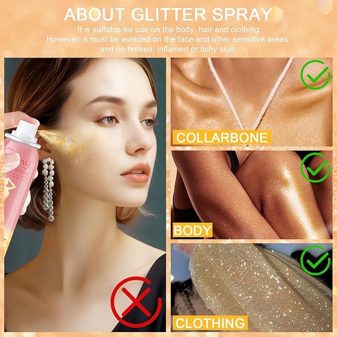 Hair and Body Glitter Spray, Holographic Glitter Highlighter Powder, Hairspray for Clothes, Face Body Shiny Glitter, Loose Shimmer Hairspray Festival Rave Prom Accessories, 2.11 Fl Oz(Gold)