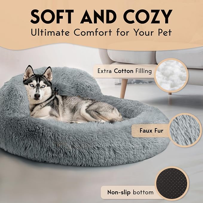 PetJett Dog Beds Large Sized Dog - 36'' Calming Round Bed, Washable Dog Bed - Anti-Slip Super Soft Donut Bed, Fluffy Faux Fur Anti-Anxiety Premium Comfort Pet Bed, Fits Dogs up to 80 lbs - Bright Grey