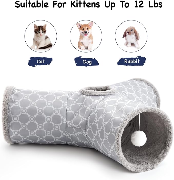 Tempcore Fleece-Lined Cat Tunnel, 3-Way Collapsible Toy, Geometry Grey