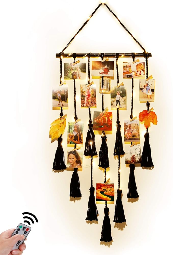 Hanging Photo Display Wall Decor, Black Macrame Hanging Boho Room Decor, Picture Frame Collage with Remote Light 30 Clips, Bedroom Apartment Home Decor, Christmas Mom Grandma Teen Girl Gifts