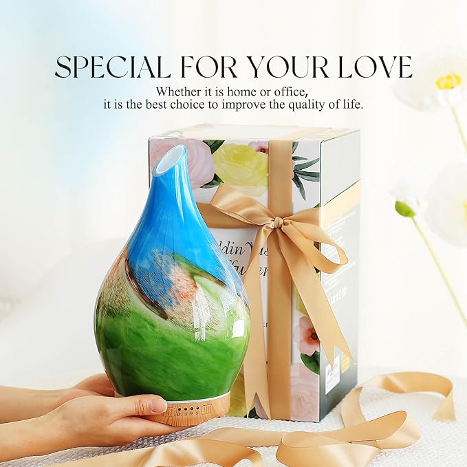 Porseme 280ml Essential Oil Diffuser Glass Color Changing Aroma Air Diffusers Aromatherapy Ultrasonic Cool Mist Humidifier with Remote Control 7 Running Hours Waterless Auto-Off (Blue Grass)