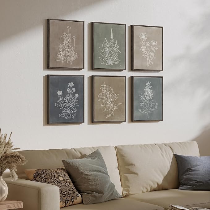 Framed Neutral Botanical Wall Art Set for Living Room, Vintage Minimalist Floral Canvas Painting Prints, Rustic Modern Farmhouse Boho Flower Line Pictures for Bedroom Dining Room Wall Decor, 12x16 In
