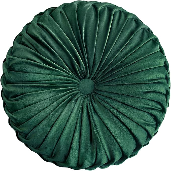 Teieas Round Throw Pillow Velvet Pleated Round Pillow Cushion | Boho pumpkin bed pillows,for bedroom,couch,chair,bed, car,home decoration emerald green 14.96''