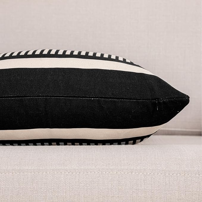 Farmhouse Stripe Pillow Cover 22x22 Boho Accent Cushion Case Faux Leather Decorative Pillowcase,Black and Beige (Cover ONLY, Pack of 2)