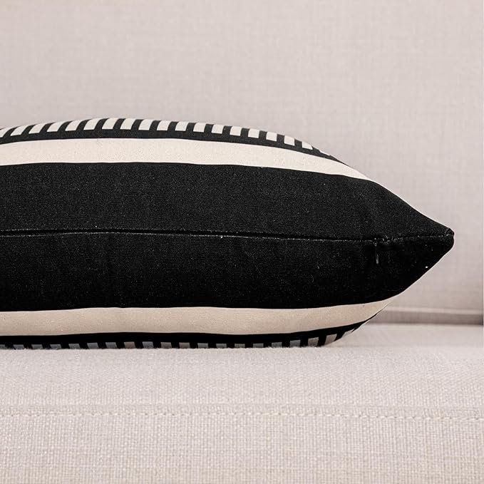 Set of 2 Farmhouse Striped Pillow Cover 18x18 Boho Accent Cushion Case Faux Leather Decorative Pillowcase,Black and Beige (Cover ONLY)