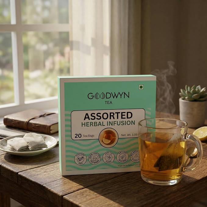 Goodwyn Assorted Herbal Infusion Tea (40 Tea Bags) | 4 Premium Caffeine-Free Varieties | Chamomile, Turmeric Ginger Cinnamon, Spearmint & Hibiscus | 100% Natural | Plastic Free Tea Bags |Herbal Tea Variety Pack for Wellness Lovers
