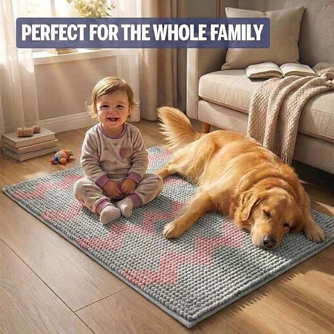 Muddy Mat® Super Absorbent Loop-Thread Chenille Dog Door Mat for Muddy Paws – Non-Slip, Machine Washable Indoor Entry Rug, Quick-Dry Pet Mat for Entryway – Pink Chevron 19"x30"