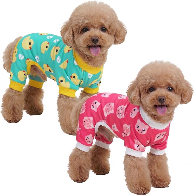 XPUDAC 2 Pack Dog Pajamas for Small Sized Dog, 4-Way Stretch Warm Pet Pjs Onesie Lightweight Soft Jammies Pet Clothes Boy Girl Duck Pig Print, M