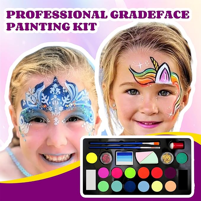 Face Paint Kit for Kids: 20 Colors Water Based Non-Toxic Face Painting Kit, with Brushes, Stencils, Glitter Gems, Ideal for Halloween, Cosplay, Carnival, Birthday Parties Face Body Makeup Kit