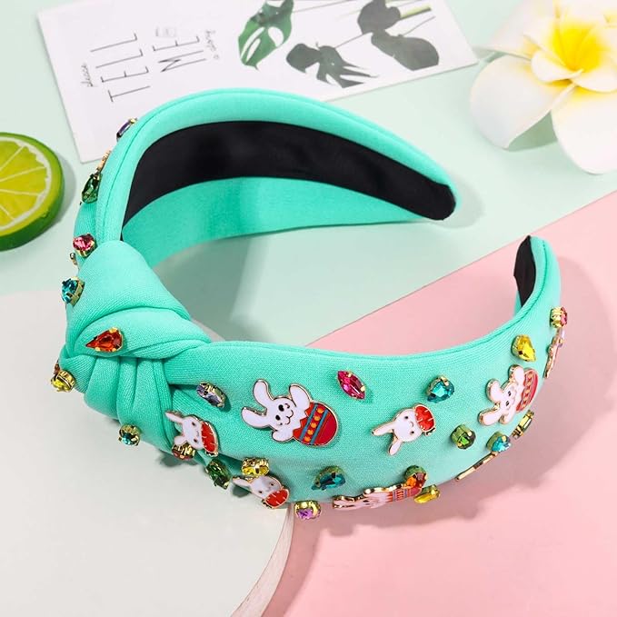 mokkia Easter Headbands Beaded Rabbit Bunny Headband for Women Pink Spring Knotted Headband Easter Hair Accessories Gifts