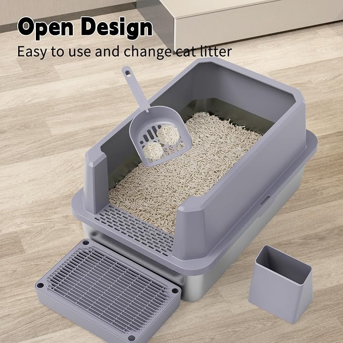 RIZZARI Open Cat Litter Box: Stainless, High Sided, Easy Clean | Spacious for Large Cats / 304 Stainless Anti-Odor / 6.5" Splash Guard / Leak-Proof Seams / Apartments & Laundry