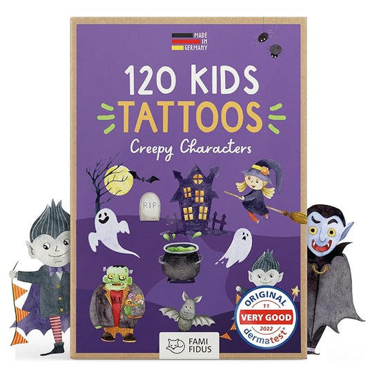 Halloween temporary tattoos for kids - 120 PCS Non-Toxic & Skin-Friendly Fake Tattoos for Boys and Girls | Dermatologically Tested “Very Good” I Halloween favors for kids bulk