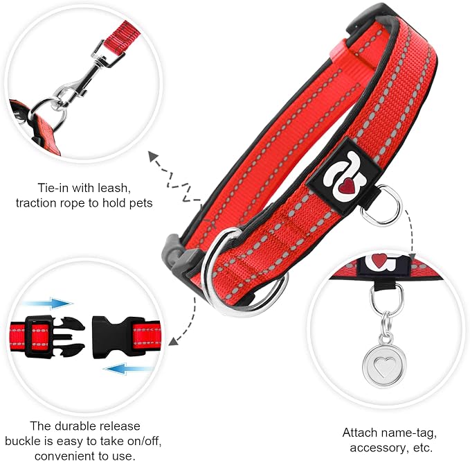 azuza Reflective Dog Collar, Neoprene Padded Small Dog Collar, Red, S