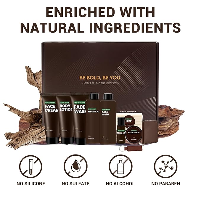 Rinse & Robust Gifts for Men 10Pcs Gift baskets for Men, Sandalwood Bath and Body Works Men Gifts for Birthday for Dad Boyfriend Husband Fathers Day Gifts Set