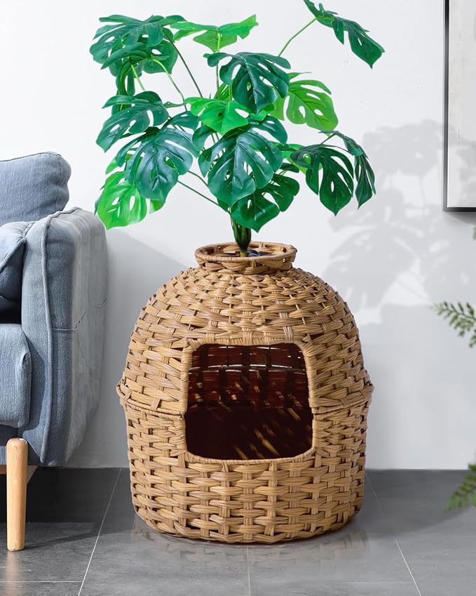 SETVSON Cat Litter Box Plant Furniture Enclosure, Rattan PE House, Natural | Decorative Planter Design, Removable Top for Easy Cleaning, Includes Artificial Plants, Real Stones, 20 x 20 Inches