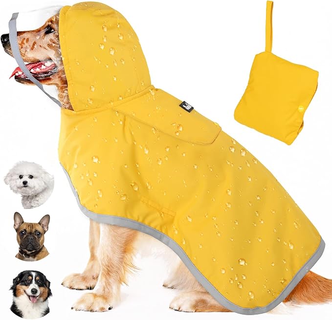 Lukovee Dog Raincoat, Waterproof Rain Jacket, Clear Hood & Reflective Rim | Easy On Off Adjustable Straps, Leash Hole, Soft Mesh Lining, Storage Pocket, Poncho for Small Medium Large Dogs (Yellow,M)