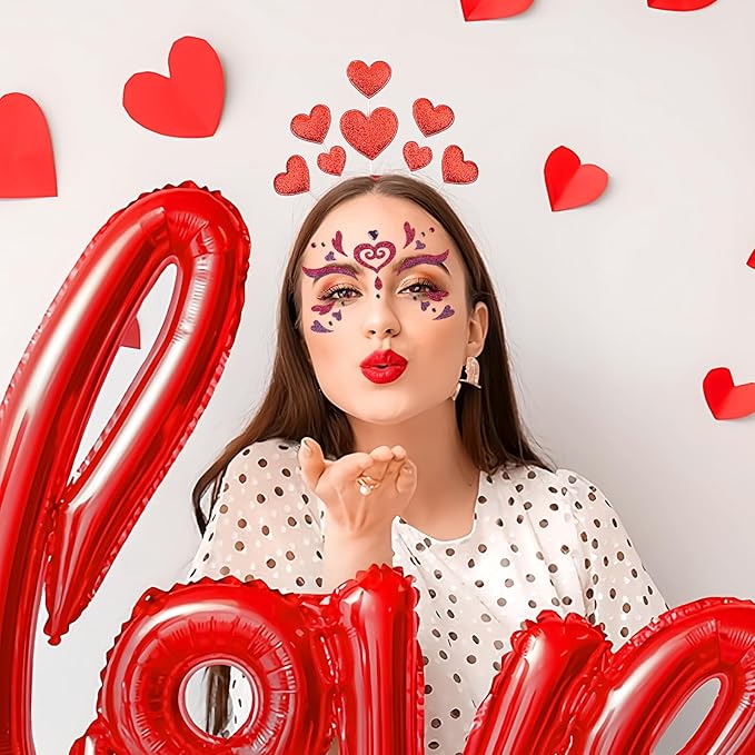 Valentine Face Gems Face Jewels Stickers Red Love Heart Lip Self Adhesive Eye Body Face Nail Hair Crystal Rhinestones for Makeup Festival Glitter Face Art Decor 2Sheets (style6)