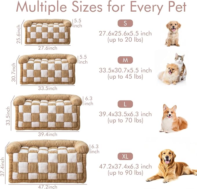 Dog Bed for Couch with Bolster, Comfy Couch Cover for Dogs Washable, Non-Slip Plush Furniture Protector, Calming Fuzzy Lounge Mat, Pet Sofa Accessories (Camel, Small)