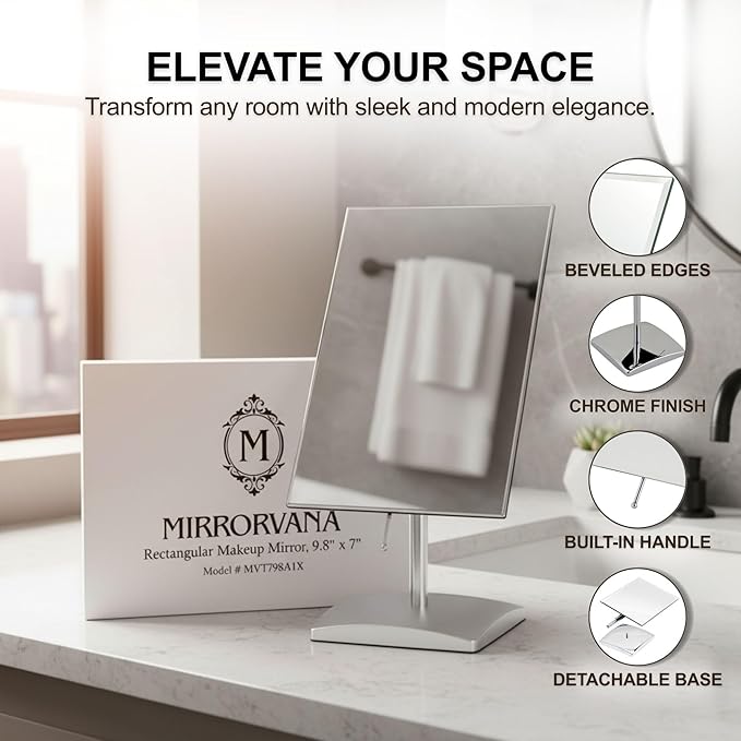 MIRRORVANA Large Table Desk Mirror with Stand for Office Desktop, Makeup Vanity and Bathroom Countertop - Personal Adjustable Face Mirror - 9.8" x 7"