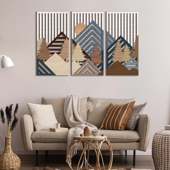 IARTTOP Abstract Mountain Wood Wall Art Large Geometric Forest Pine Trees Wooden Wall Decor Boho Sun Nature Landscape Wall Decor for Bedroom Living Room Office-16 x32 Inch Set of 3