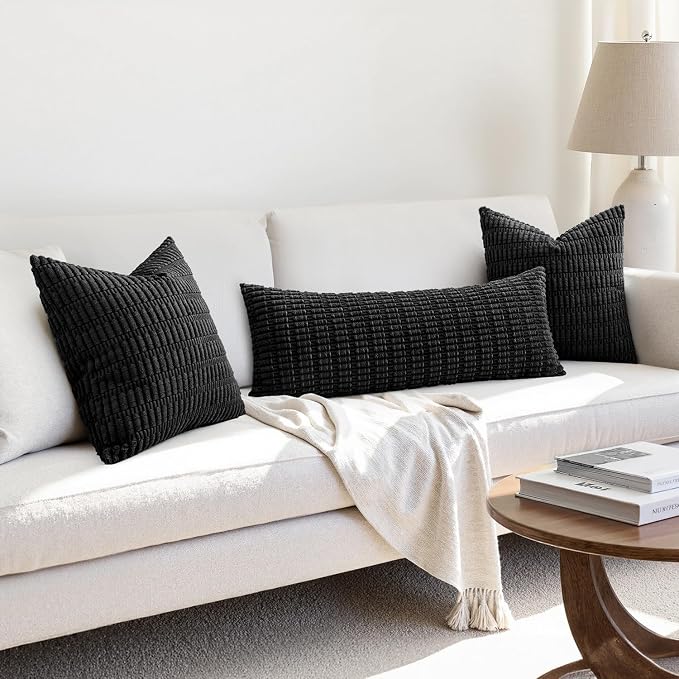 MIULEE Lumbar Corduroy Throw Pillow Cover for Bed 14x36 Black Pack of 1 | Soft Long Decorative Cushion Cover Boho Farmhouse Accent Pillowcase Sofa Couch Livingroom Home Decor