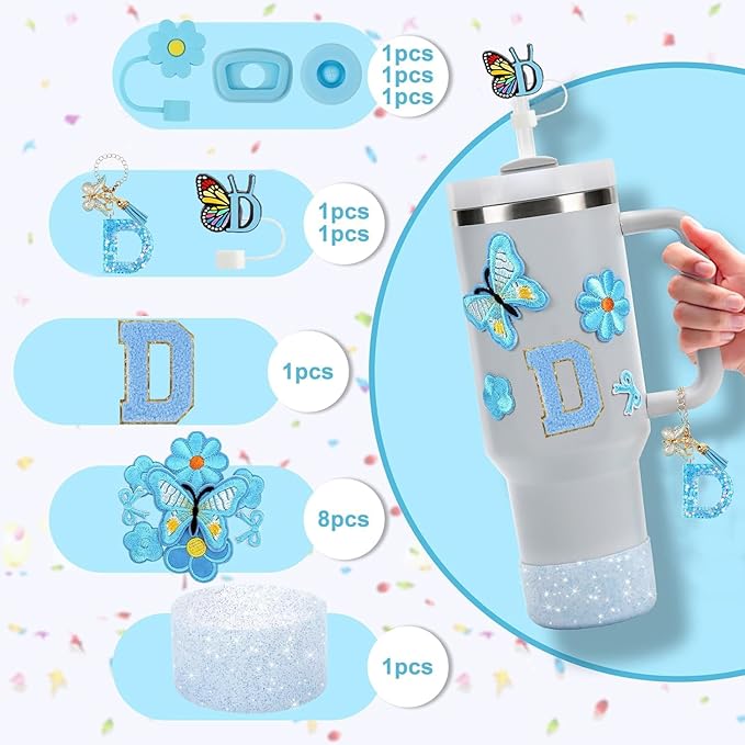 15PCS Cup Accessories Set for Stanley Cup 30oz 40oz Tumbler with Handle, Including Silicone Straw Cover and Boot, Spill Proof Stopper, Stanley Charms, Handle Charm, Initials Sticker