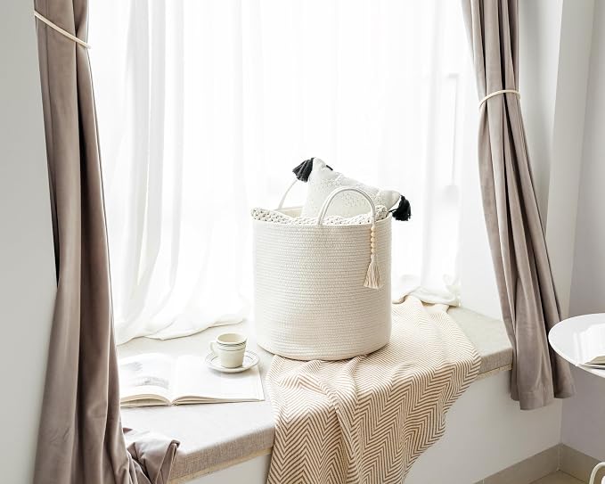 Mkono Woven Storage Basket for Blanket, Toys Plant Organizer, 15"W x 17.7"L | White, Cotton, Decorative Basket with Handle, Wood Beads Tassel, Shoes Towel Clothes Storage Bin, Living Room Bedroom Nursery