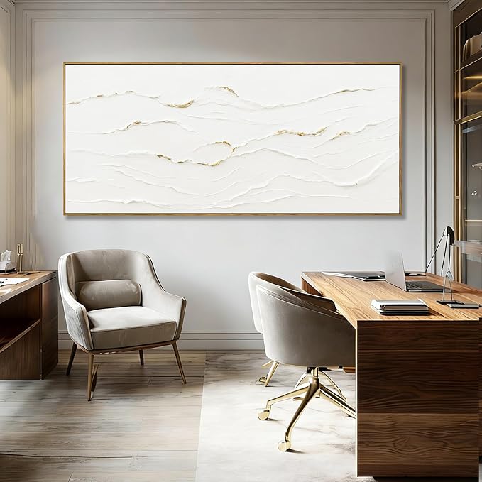 Extra Large Framed White Gold Textured Wall Art for Living Room 32x70 Inch