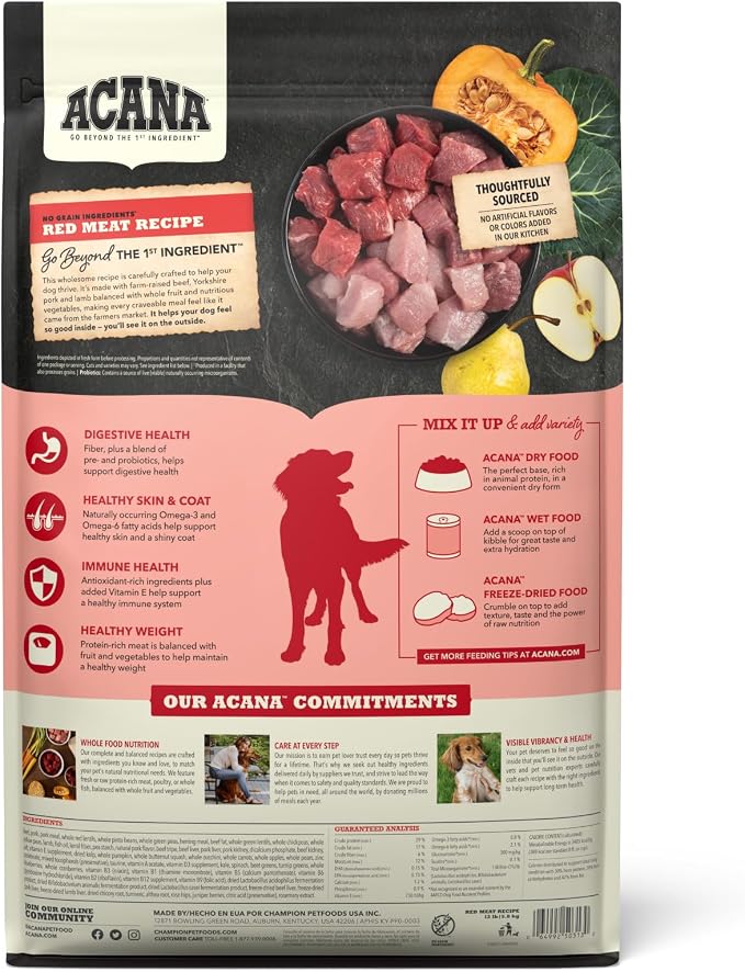 ACANA Grain Free Dry Dog Food Red Meat Recipe 4.5lb Bag | Freeze Dried, Grain Free, High Protein, Made in the USA, Omega-3 Fatty Acids, Digestive Health, Global Quality Ingredients