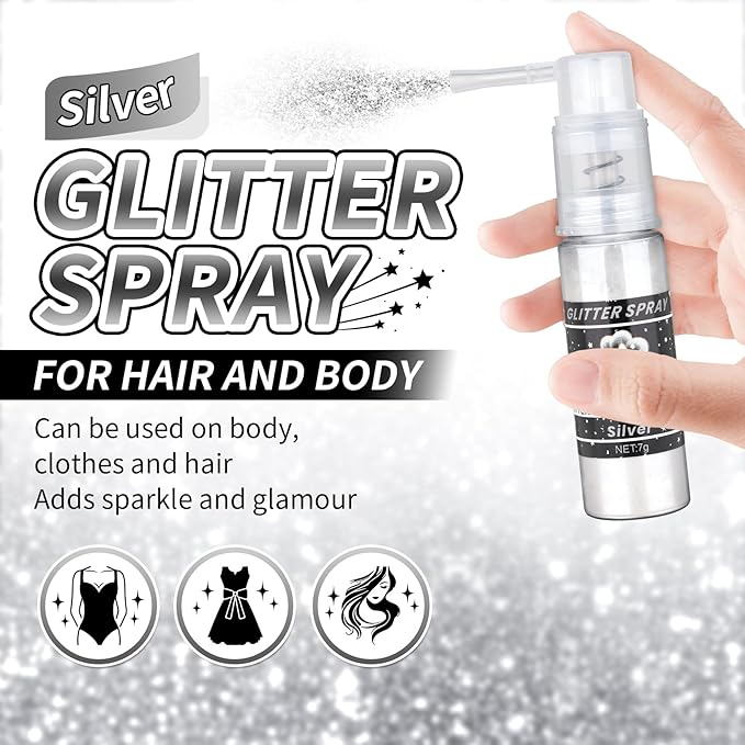 Silver Body Glitter Spray, Shiny Glitter Spray for Hair Body and Clothes, Long-Lasting Sparkle, Holographic Ultra Fine Shimmer Powder Glitter Hairspray for Rave Prom Makeup Halloween Crafts