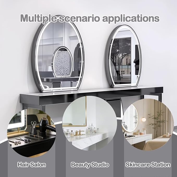 2-Person Salon Station for Hair Stylist with Curved Cabinet & Glowing Accents, Barber Station includes Oval LED Mirror, Large Capacity Storage